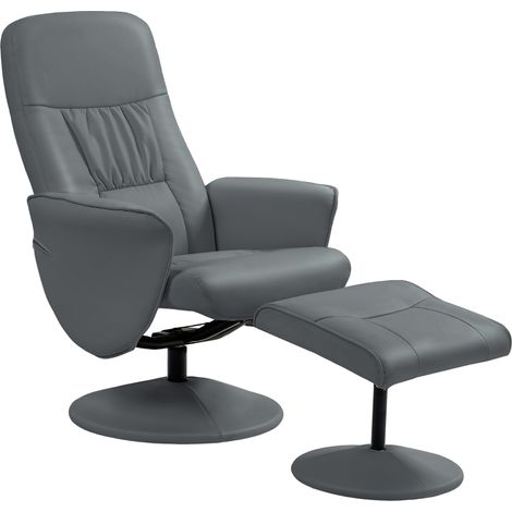 Swivel Recliner Chair with Footstool, PU Leather Armchair and Ottoman with High Back and Round Base for Living Room, Grey