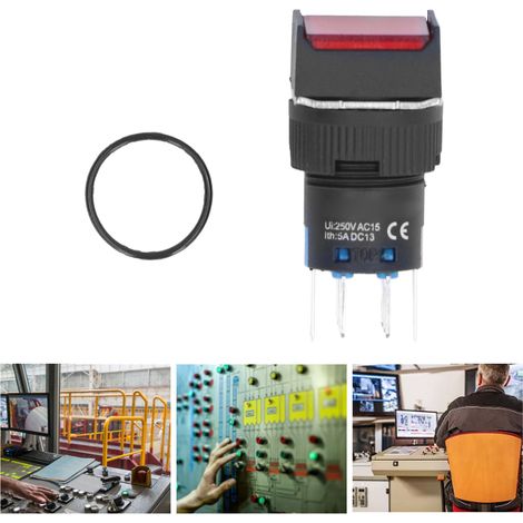 Interrupteur à bouton-poussoir BERM/BEM-LA16-22DS-F 16 mm, interrupteur carré à verrouillage instantané avec témoin lumineux, 24 V, lot de 25, rouge (1/5)