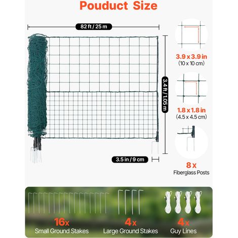 Clôture Filet Mobile 25x1,05 m Filet de Clôture pour Chien en Plastique Temporaire pour Délimitation Poules, Plantes, Jardin, Cours Extérieures, avec Poteaux, Piquets à Double Pointe, Haubans (1/5)