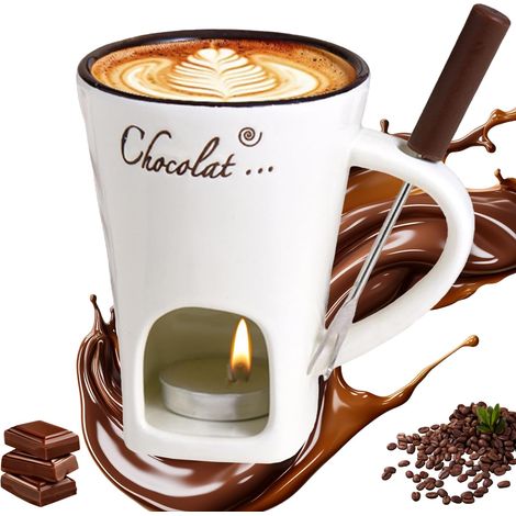 Tasse à Fondue au Chocolat, 130 ML Services à Fondue au Chocolat, Tasse à Fondue au Chocolat en Céramique, Tasse à Fondue avec Fourchette et Bougie À Thé, Tasse à Fondue pour Bonbons et Chocolat (1/5)