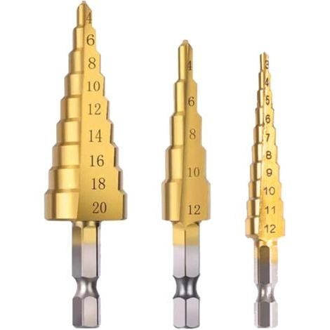 HSS Step Drill Bits, Double Slotted Milling Cutter, High Speed Steel Conical Drill Bit for Steel, Wood, Plastic, Brass, Aluminum, 3 Pieces (1/4)