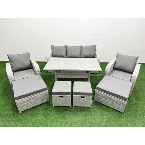 Fimous PE Rattan Lounge Sofa Set 9 Seater Outdoor Garden Furniture Set with Dining Table 3 Seater Sofa 2 Big Footstools Light Grey (1/4)