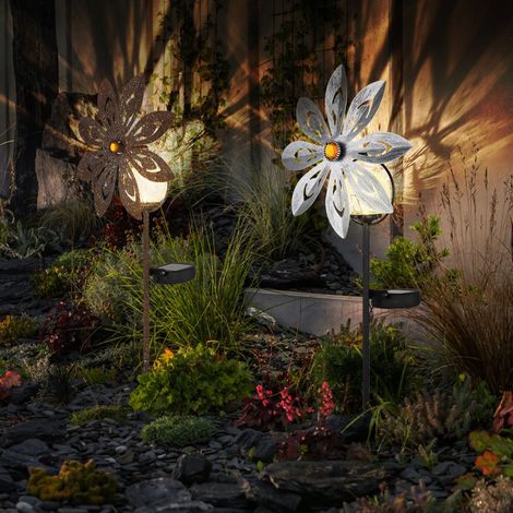 LED Solarlampe Windrad rostfarben Gartendeko Terrassenlampe silber grau Außenlampe Erdspieß, Metall, Bruchglas, warmweiß, LxH 20x50 cm, 2er Set (1/5)