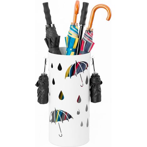 Portaombrelli Rotondo In Acciaio Zincato Con Base Antiscivolo Vaschetta Scolapioggia E 4 Ganci Removibili Design Moderno Per Ingresso Casa E Ufficio 41 X 17 Cm Bianco (1/5)