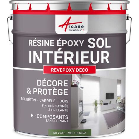 Arcane Industries – Peinture époxy décorative pour sols intérieurs – Résistante aux chocs et aux taches – Application directe sans sous-couche – 2.5 kg Vert Réséda