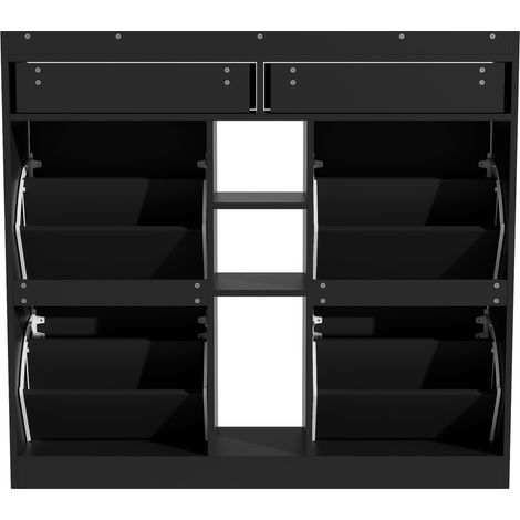 Meuble à chaussures noir avec 4 portes pliantes, 2 tiroirs et 3 étagères ouvertes, 110 x 26 x 100 cm (1/5)