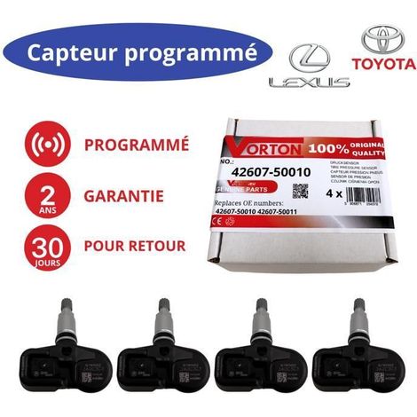 4x sensore pressione pneumatici TPMS preprogrammato 433MHz per Lexus e Toyota - rif 42607-50010 / 42607-30042