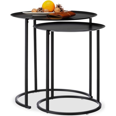 Relaxdays Set of 2 Round Side Tables for the Living Room, Elevated Edge, Steel Frame, HxD: 50x50 cm, Anthracite (1/5)