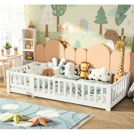 Lit Montessori 80x160 cm,Lit au Sol Enfant  blanc, Lit Simple,cadre en pin massif avec barrières de sécurité et sommier à lattes Intégré (1/5)