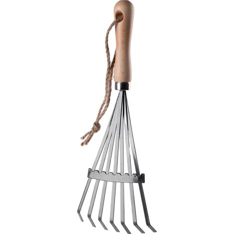 Rastrillo de jardín de 6 púas, 40 cm de largo, construcción metálica, mango de madera, ideal para la preparación del suelo. (1/5)