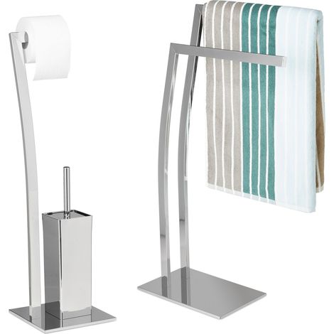 2 tlg Bad Set WIMEDO, Handtuchhalter freistehend, WC Garnitur ohne Bohren, Toilettenpapierhalter silber, Toilettenbürste (1/5)