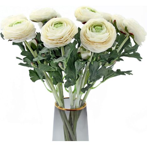 Renoncule Artificielle - 48 cm - Tige Flexible avec Fleur Épanouie et Bouton - Soie Haute Qualité - Lot de 10 (1/5)