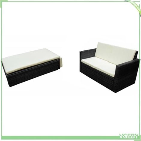 Salon de jardin - FAFEICY - 42734 - Résine tressée noir - Canapé 2 places + tabouret - Coussins déhoussables crème (1/5)