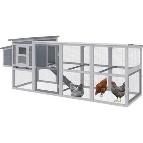 Poulailler pour 3 à 4 poules avec enclos, pondoir, toit en asphalte, bâche Oxford, tiroir coulissant, 264 x 82 x 89 cm, gris (1/5)