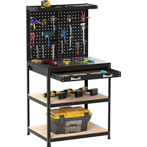 Établi de travail noir 81 x 41 cm en métal avec 2 panneaux perforés, tiroir et étagère à 2 niveaux pour garage, atelier et maison (1/5)