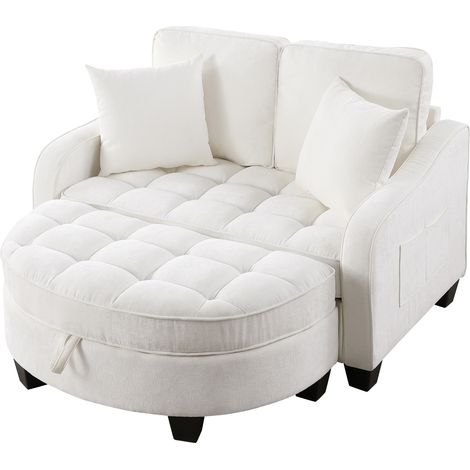 Canapé convertible 2-en-1 beige avec pouf de rangement, pour petits espaces, salon, bureau ou chambre, structure en eucalyptus et tissu respirant - CHICFURN (1/5)