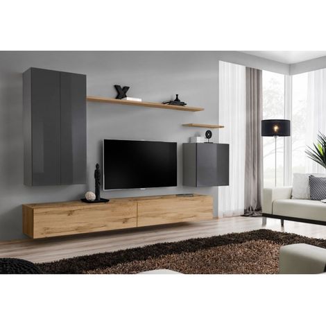 Ensemble mural - Switch XX - 1 vitrine LED - 1 banc TV - 1 étagère murale - Bois et graphite - Modèle 2 - Livraison gratuite