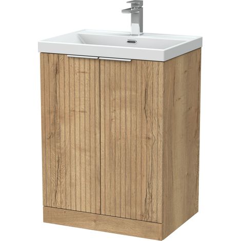 Callingwood Contemporary Floor Standing 2 Door Vanity Unit with Thin-Edge Ceramic Basin , 600mm, Autumn Oak (1/4)