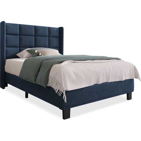 Lit capitonné 90x200 cm avec tête de lit haute, sommier à lattes en bois, structure métal, tissu bleu, style intemporel, pour chambre adulte CHICFURN (1/5)