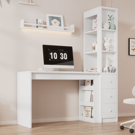 Bureau avec bibliothèque, plateau de 120 cm, 3 tiroirs et rangement latéral, MDF blanc (1/5)