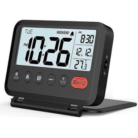 Reisewecker – 2-stufige Hintergrundbeleuchtung, 2 Lautstärkeeinstellungen, 12-/24-Stunden-Format, Kalender, Temperaturanzeige, Wochenendmodus, faltbare Schutzhülle ( )