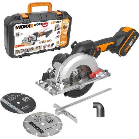 Sierra circular Worx WX531 de 20 voltios sin escobillas de 120 mm con batería de 2 Ah para cortes de hasta 41 mm. (1/5)