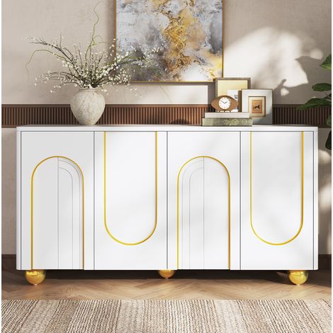 Credenza a 4 ante con decoro a linea arcuata dorata, 140 x 40 x 74 cm, bianco DESVIAE (1/5)