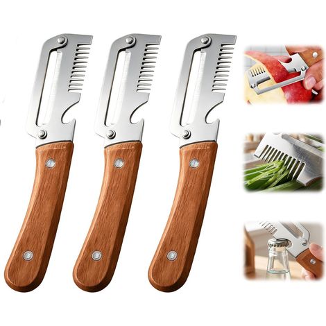 Pelapatate multifunzione 3 in 1 con manico in legno, apribottiglie, grattugia, utensile da cucina per sbucciare frutta e verdura. (1/5)