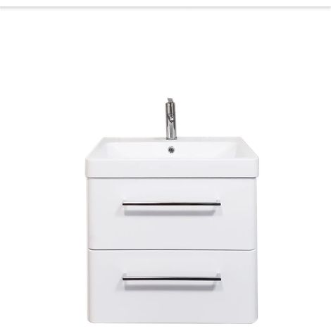 Meuble salle de bain suspendu 60 cm blanc brillant avec vasque lavabo et plan résine, meuble sous vasque design avec rangement pratique et style moderne (1/5)