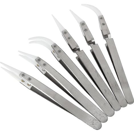 Set aus 6 Keramikpinzetten zum Rückwärtslöten, nichtleitend und antimagnetisch, mit scharfen und gebogenen Spitzen.