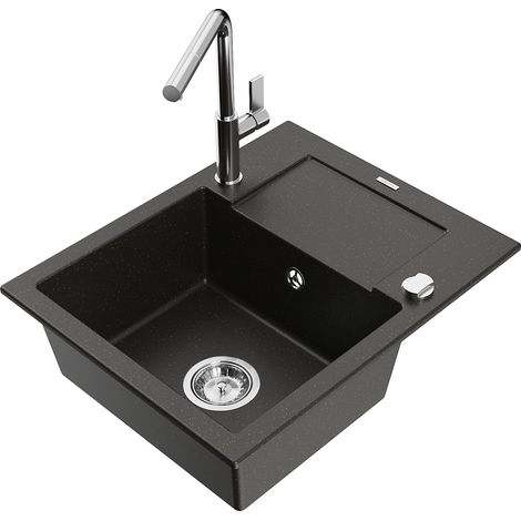 Mexen Enzo lavello in granito a 1 vasca con scolapiatti e rubinetto cucina Flora, nero/oro metallizzato - 6506-75-670401-00 (1/5)