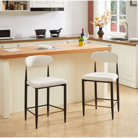 Sgabello da bar in tessuto beige, struttura nero-caffè, schienale curvo ergonomico e poggiapiedi integrato,51×50×94cm (1/5)