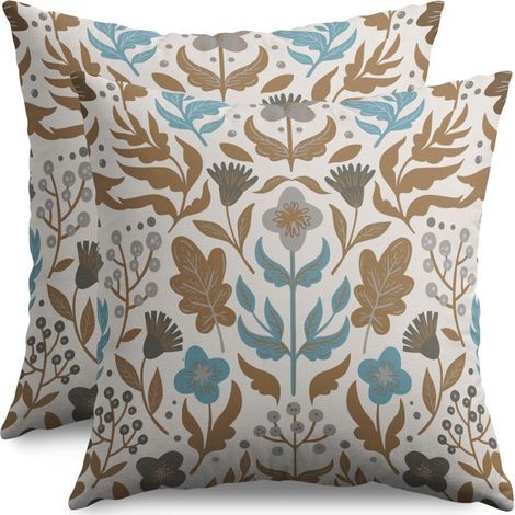 Taies d'oreiller à motifs floraux bruns/bleus/gris, 45 x 45 cm, ensemble de 2 pièces, taies d'oreiller décoratives imprimées convenant aux canapés, bancs, lits - décoration extérieure de style ferme. (1/2)