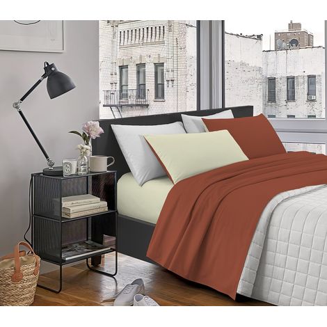 Completo Letto In Morbido Cotone Di Flanella Antipilling Set Lenzuola Bicolore Lenzuolo Sopra Sotto Federe Terra-Panna - Piazza e mezza (1/5)