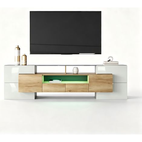 Meuble TV moderne naturel brillant,de 200 cm,éclairage LED RVB,portes et tiroirs,en mdf,pour televiseur (1/5)