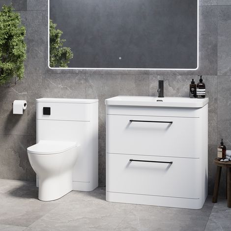 Oslo Gloss White 1350mm Wall Mounted Vanity Unit Toilet Suite with Fina Basin - 1350mm - Matt Black 320mm HandleWith Jubilee Toilet Pan and Seat