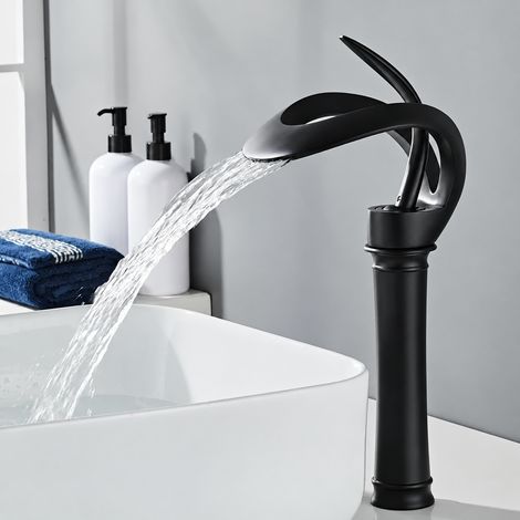 Mitigeur Lavabo Robinet pour Vasque modèle haut cascade noir design Cœur d'ange sans tuyaux d'arrivée d'eau – Livraison gratuite