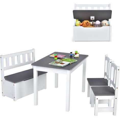 Set tavolo attività di legno 2 in 1 con 2 sedie e 1 panca, Set 4 pezzi tavolo e sedie per bambini Grigio (1/5)
