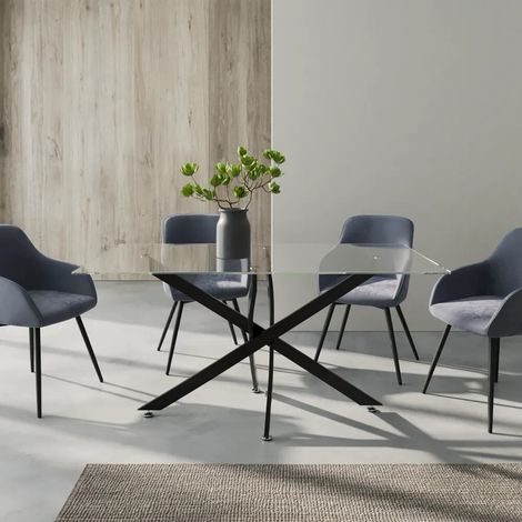 Table rectangulaire 160 x 90 cm avec plateau en verre trempé transparent de 10 mm et pieds croisés en acier noir Harald (1/4)