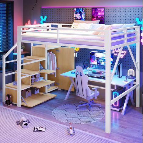 Lit mezzanine 140x200 cm avec LED Bluetooth, rangements et penderie, escalier de rangement, métal blanc (1/5)