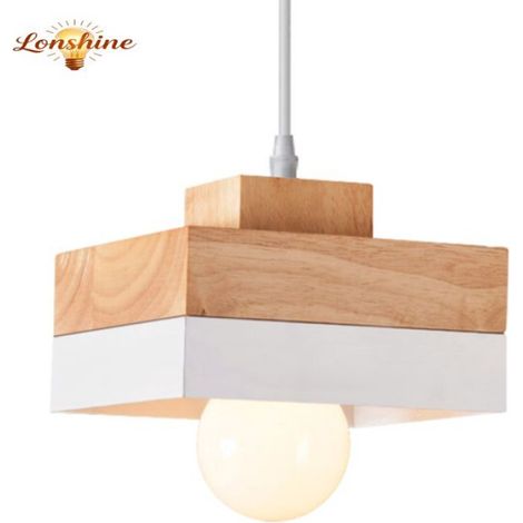 LONSHINE Moderne quadratische Pendelleuchte mit weißem Holz- und Metallschirm, E27-Glühbirne, Kronleuchter für Schlafzimmer oder Wohnzimmer (1/5)