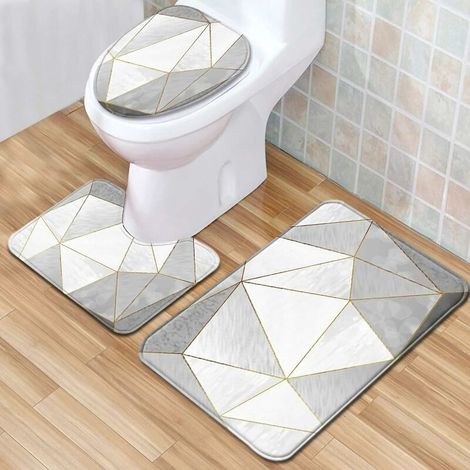 3Pcs/Set Marbled Non-Slip Bathroom Mat Set Bathroom Rug + U-Shaped Toilet Mat + Lid Cover White-Gray (1/5)