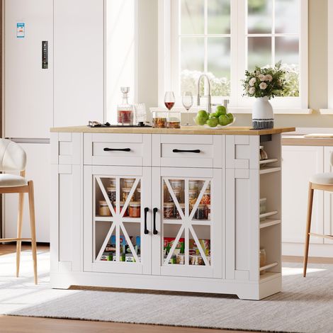 Îlot de cuisine 120x40x92 cm blanc et naturel en MDF avec table pliante, prises AC/USB et roulettes (1/5)
