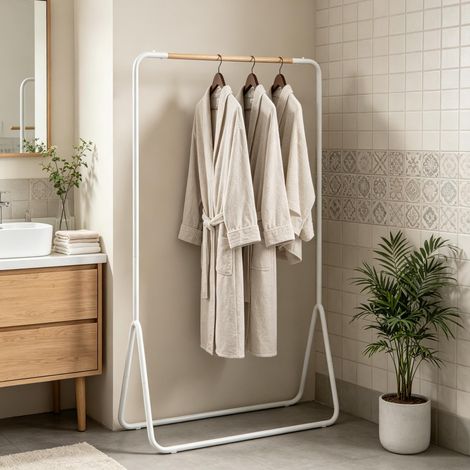 Portant vêtements sur pied 80x45x145 cm en métal blanc, gain de place pour entrée FloraGrace (1/5)
