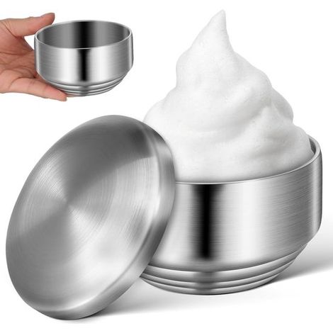Jabonera de acero inoxidable con tapa para hombre: ideal para crema y espuma de afeitar, accesorio de baño perfecto y herramienta para mezclar. (1/5)