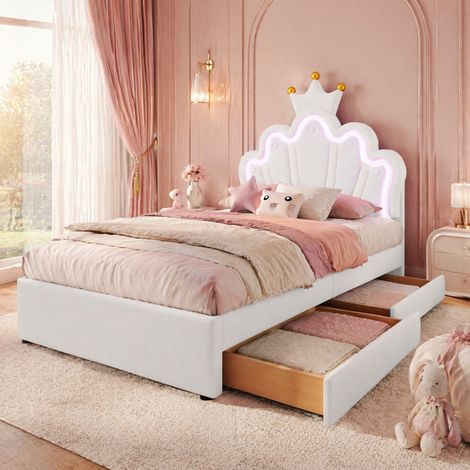 Lit enfant 90 x 200 cm en cuir régénéré blanc, tête de lit réglable, LED 16 couleurs et 2 tiroirs, forme couronne avec structure MDF pratique – de FLORAGRACE (1/5)
