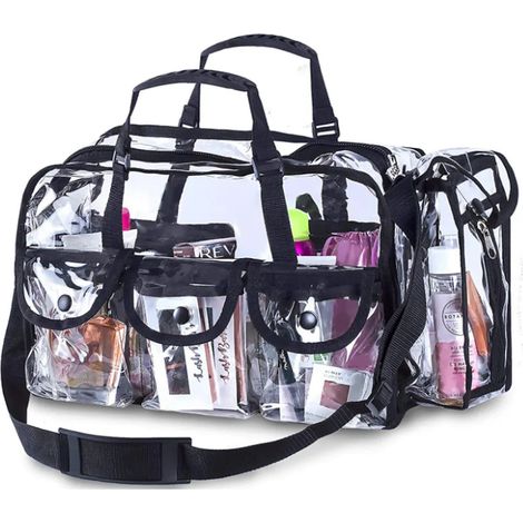Sac de maquillage transparent de voyage avec 3 poches extérieures Sac de rangement cosmétique avec sangle d'épaule (1/5)