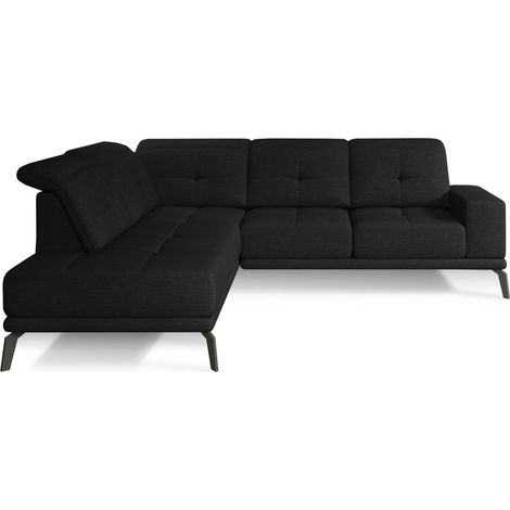 Canapé d'angle gauche design matelassé tissu noir et pied noir Kazane 275cm (1/5)