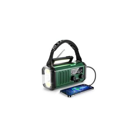 Générateur solaire portable avec radio d'urgence, lampe torche multifonction, batterie externe et alarme SOS, vert militaire (1/5)