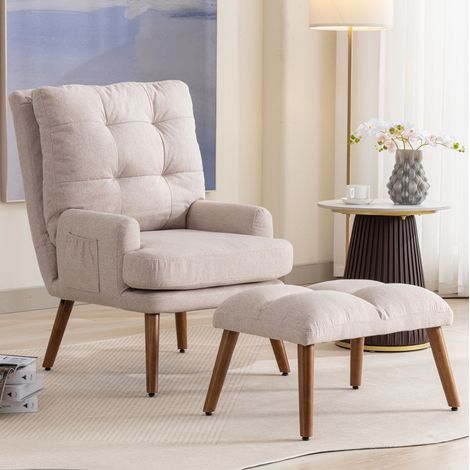 Sessel mit Hocker aus Schaumstoff in Beige 69 x 96 x 60 cm mit Armlehnen und Seitentaschen (1/5)